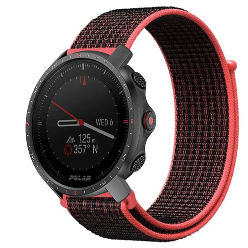 Nylon Strap, black/coral, on a watch, 3/4 front view