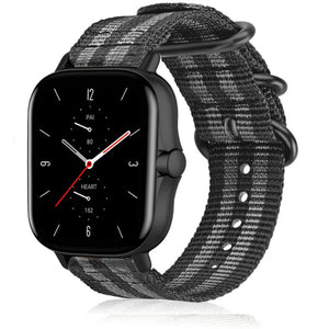 Nylon Buckle Strap, black/grey, on a watch, 3/4 front view