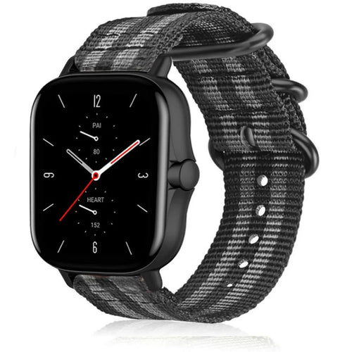 Nylon Buckle Strap, black/grey, on a watch, 3/4 front view