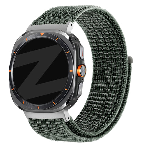 Nylon Loop Strap, grey-green, on a watch, 3/4 front view