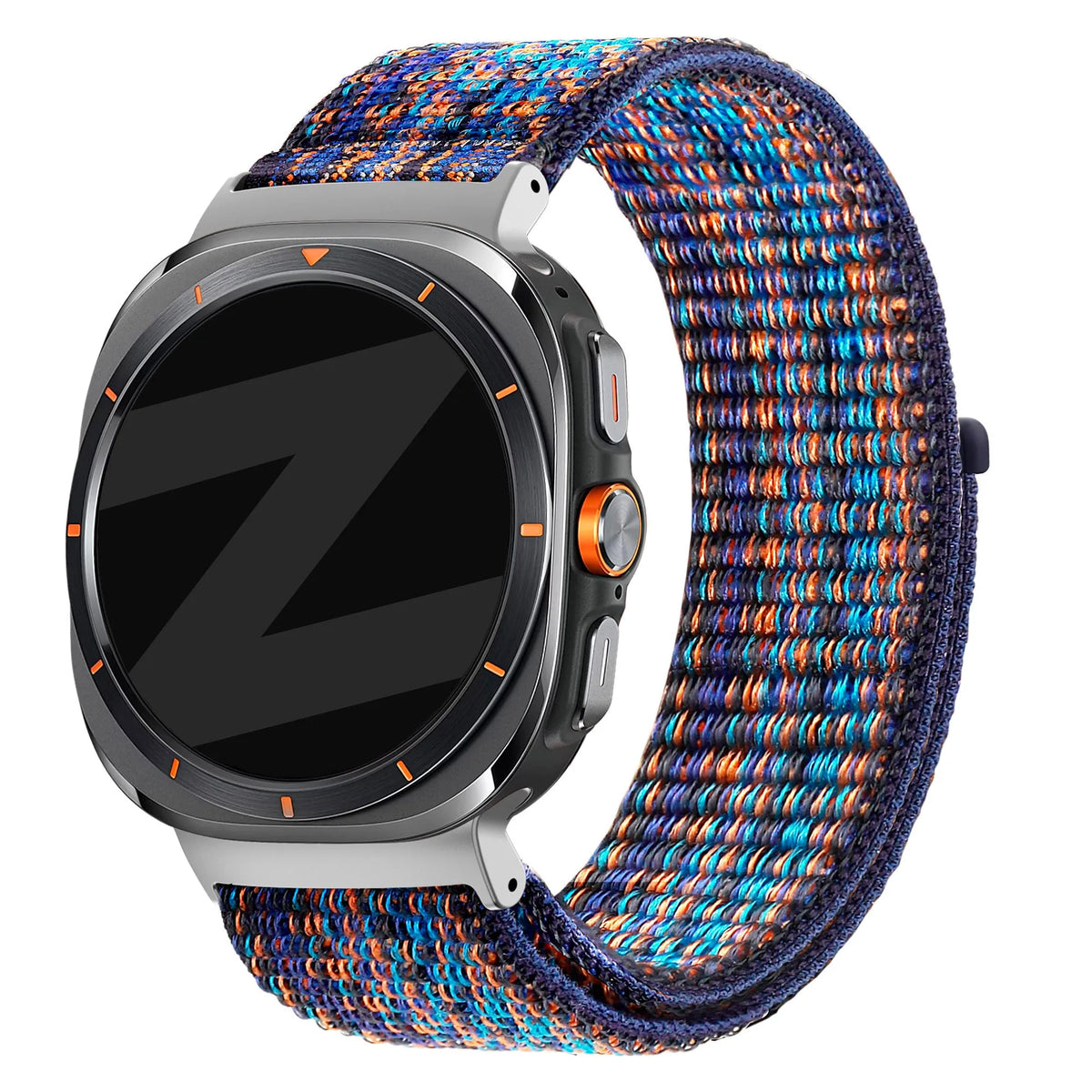 Nylon Loop Strap, blue mix, on a watch, 3/4 front view