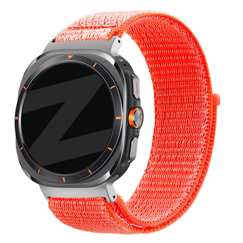 Nylon Loop Strap, orange, on a watch, 3/4 front view