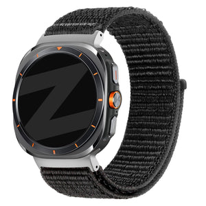 Nylon Loop Strap, black, on a watch, 3/4 front view