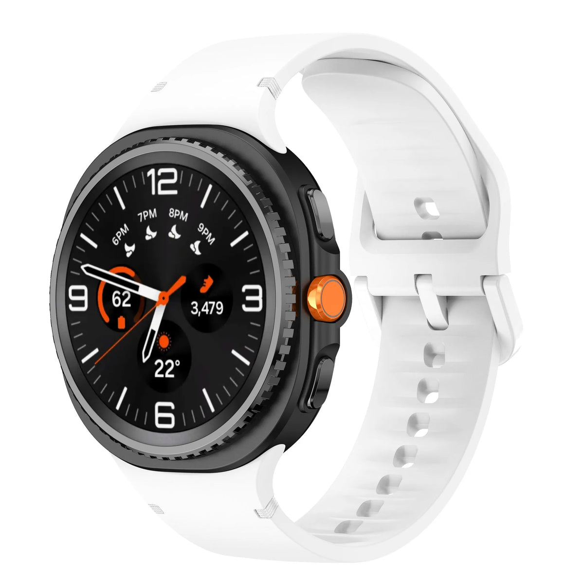 Silicone Strap, white, on a watch, 3/4 front view