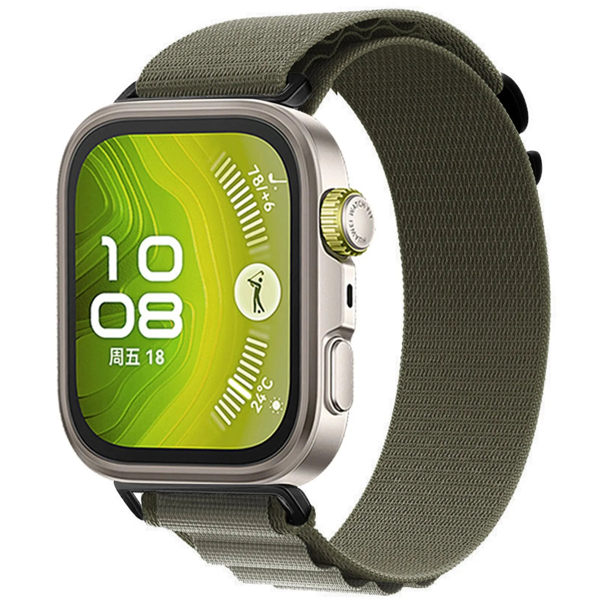 Alpine Nylon Strap, olive green, on a watch, 3/4 front view