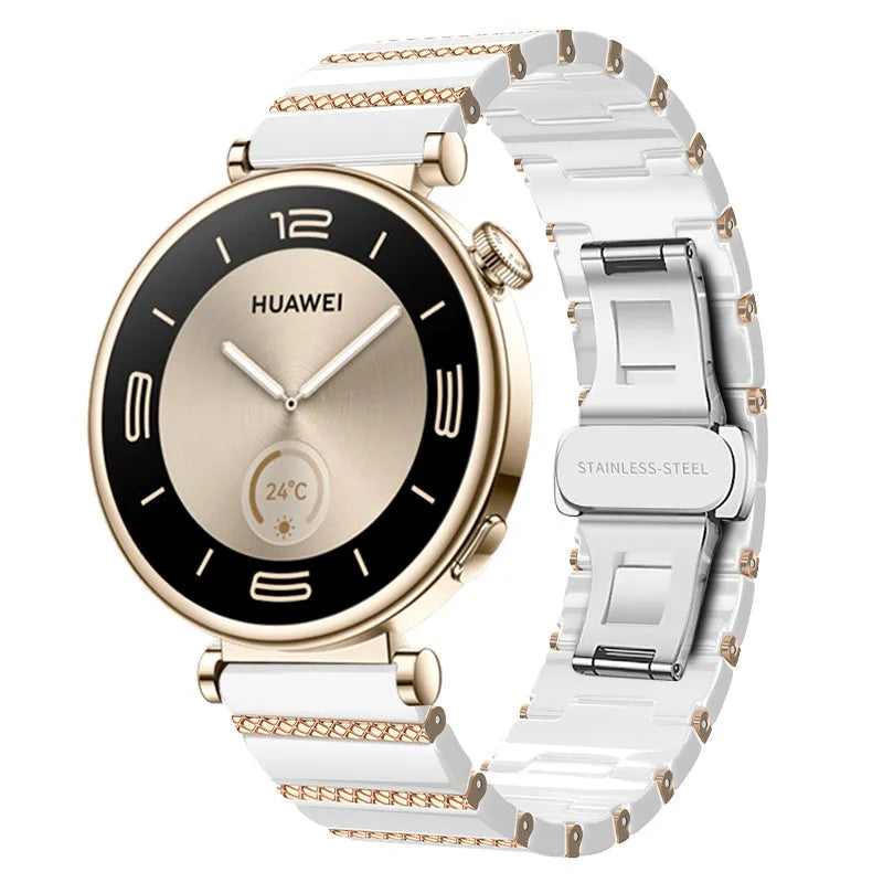 Metal Ceramic Strap 'One Bead', white/rose gold, on a watch, 3/4 front view