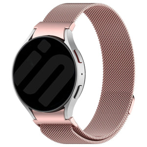 Milanese Strap 'One Push', pink, on a watch, 3/4 front view
