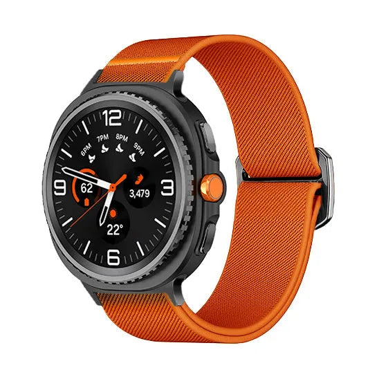 Nylon Elastic Strap, orange, on a watch, 3/4 front view