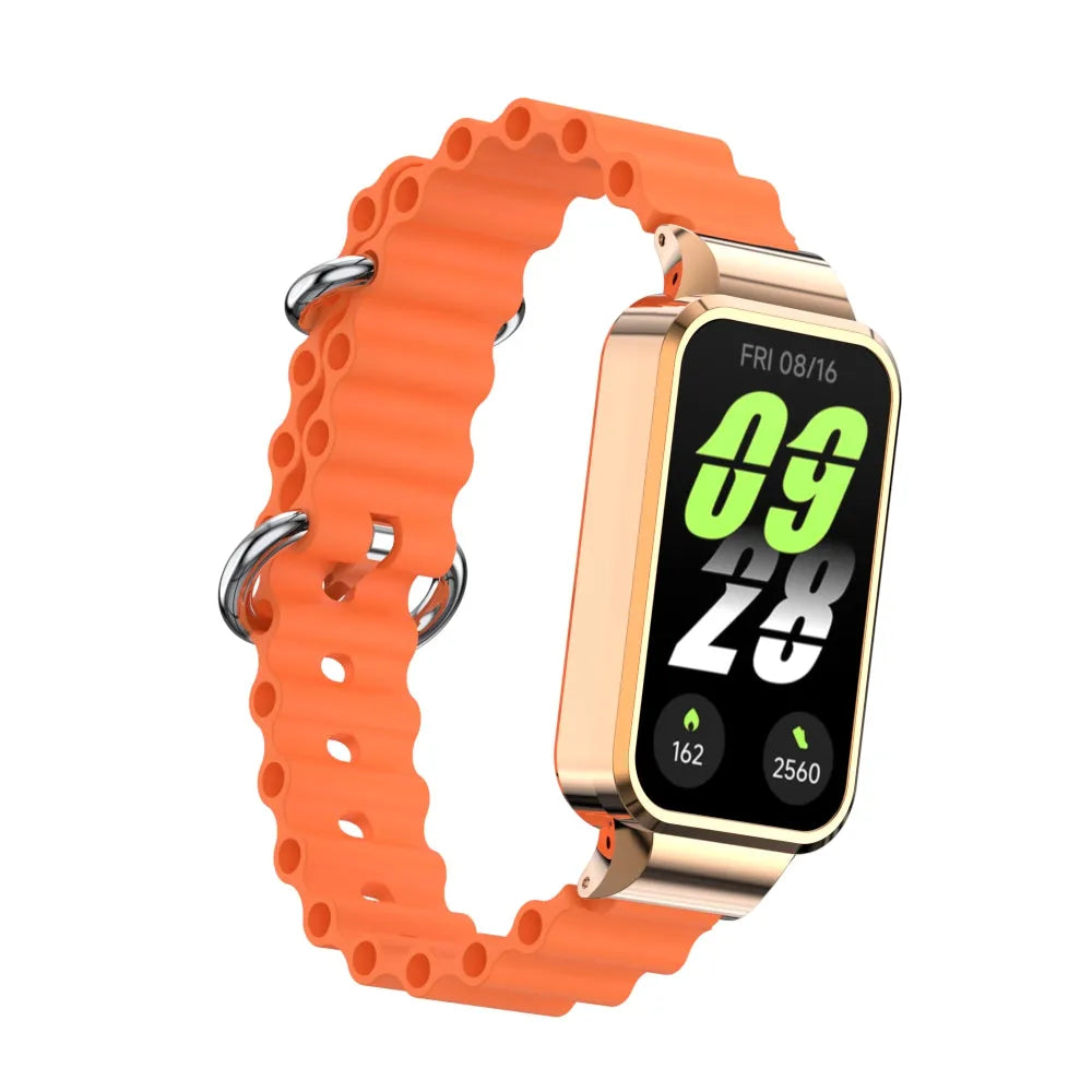 Silicone Ocean Strap, orange, on a watch, 3/4 front view