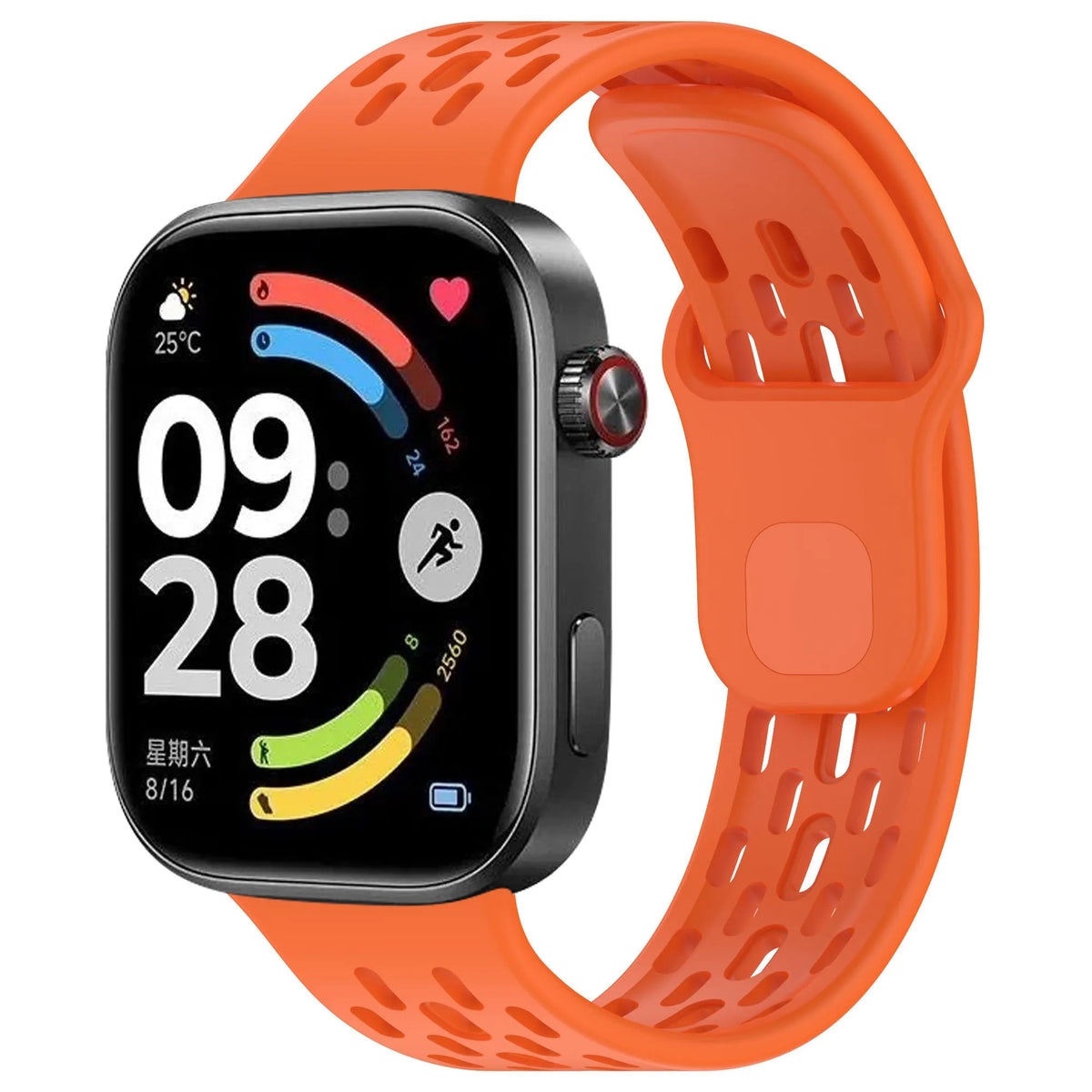 Silicone Air Strap, orange, on a watch, 3/4 front view