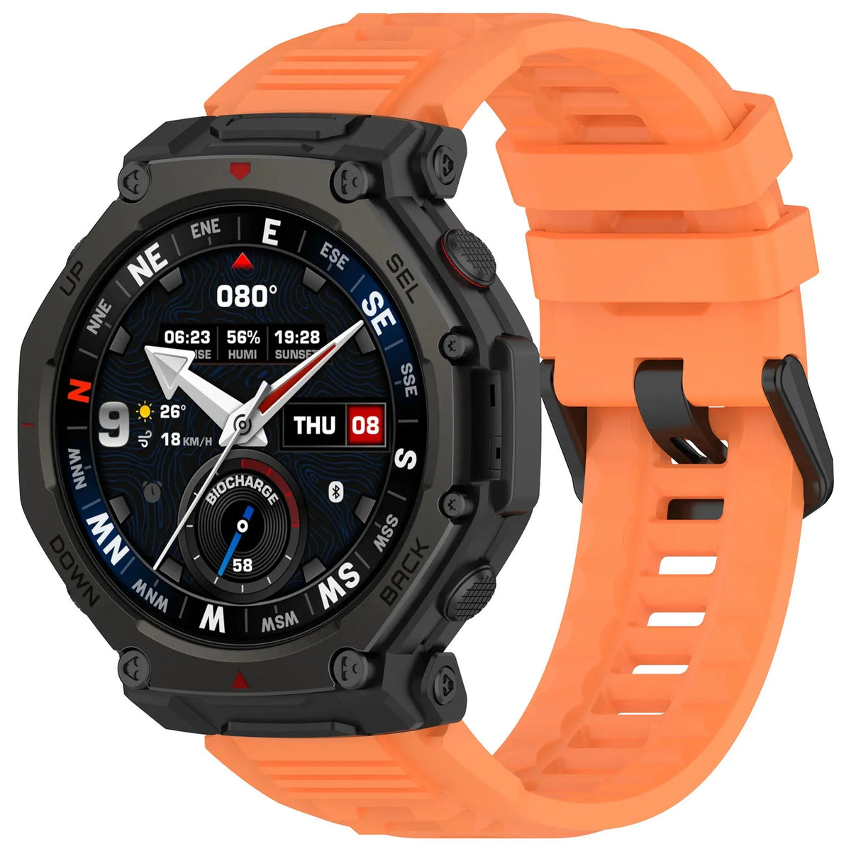 Silicone Strap, orange, on a watch, 3/4 front view