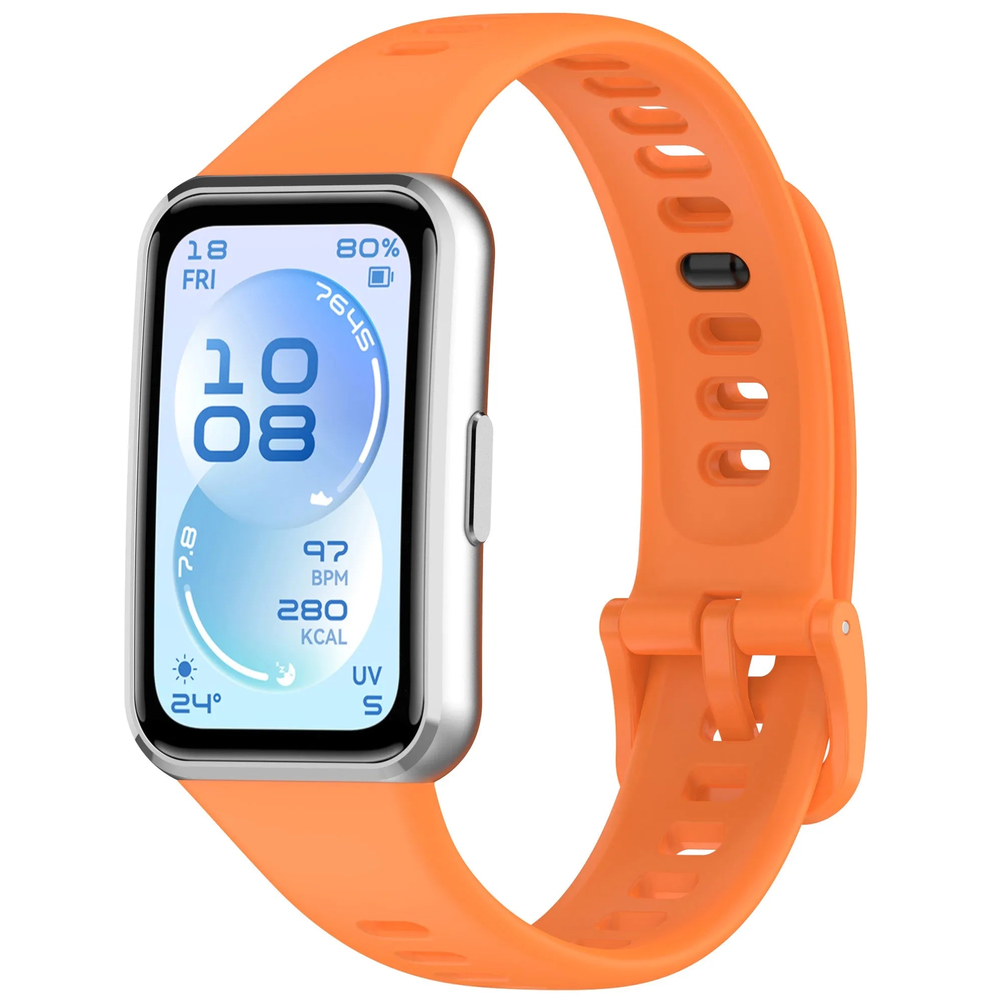 Silicone Strap, orange, on a watch, 3/4 front view