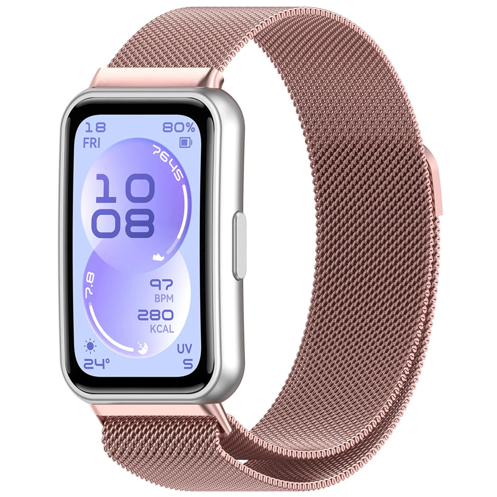 Milanese Strap, pink, on a watch, 3/4 front view