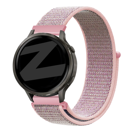 Nylon Loop Strap, pink, on a watch, 3/4 front view