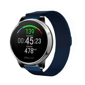 Milanese Strap, blue, on a watch, 3/4 front view