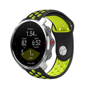 Silicone Sport Strap, black/yellow, on a watch, 3/4 front view