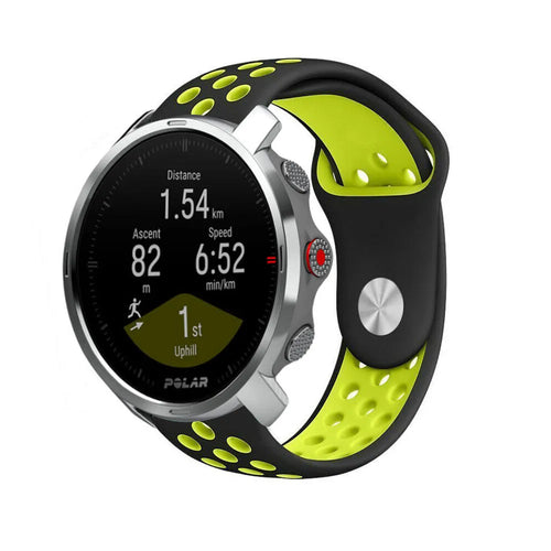 Silicone Sport Strap, black/yellow, on a watch, 3/4 front view