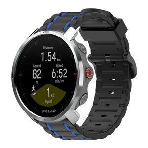 Silicone Sport Strap with Buckle, black/blue, on a watch, 3/4 front view