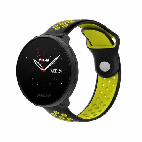 Silicone Sport Strap, black/yellow, on a watch, 3/4 front view
