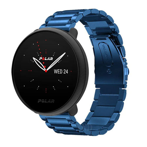 Steel Strap, blue, on a watch, 3/4 front view