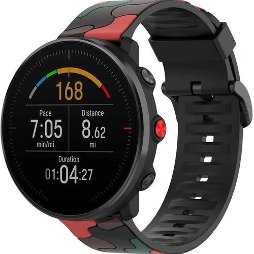 Silicone Camo Strap, red, on a watch, 3/4 front view