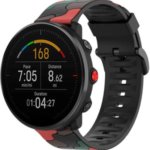 Silicone Camo Strap, red, on a watch, 3/4 front view