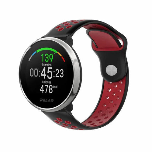 Silicone Sport Strap, black/red, on a watch, 3/4 front view