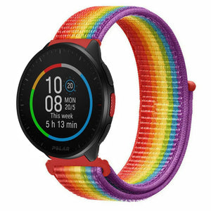 Nylon Strap, rainbow, on a watch, 3/4 front view