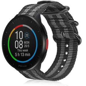 Nylon Buckle Strap, black/grey, on a watch, 3/4 front view
