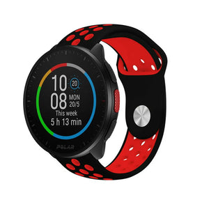 Silicone Sport Strap, black/red, on a watch, 3/4 front view