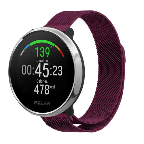 Milanese Strap, purple, on a watch, 3/4 front view