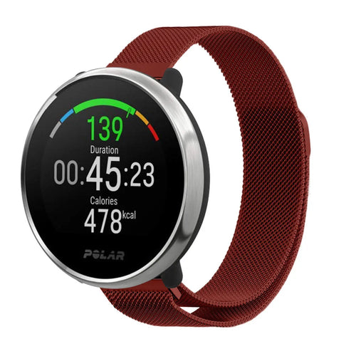 Milanese Strap, red, on a watch, 3/4 front view