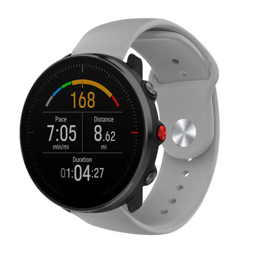 Silicone Sport Strap, grey, on a watch, 3/4 front view