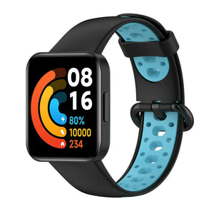 Silicone Sport Strap, black/blue, on a watch, 3/4 front view
