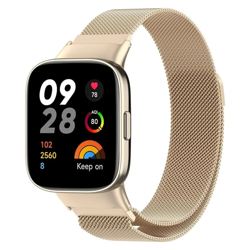 Milanese Strap, champagne, on a watch, 3/4 front view