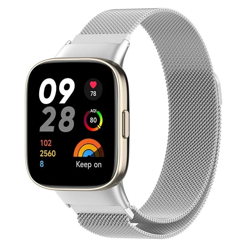 Milanese Strap, silver, on a watch, 3/4 front view