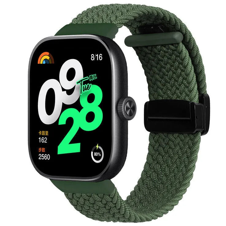 Nylon Braided Strap with D-Buckle, green, on a watch, 3/4 front view