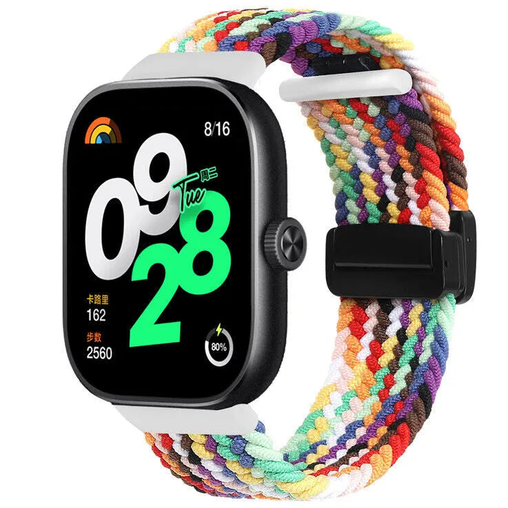 Nylon Braided Strap with D-Buckle, rainbow, on a watch, 3/4 front view
