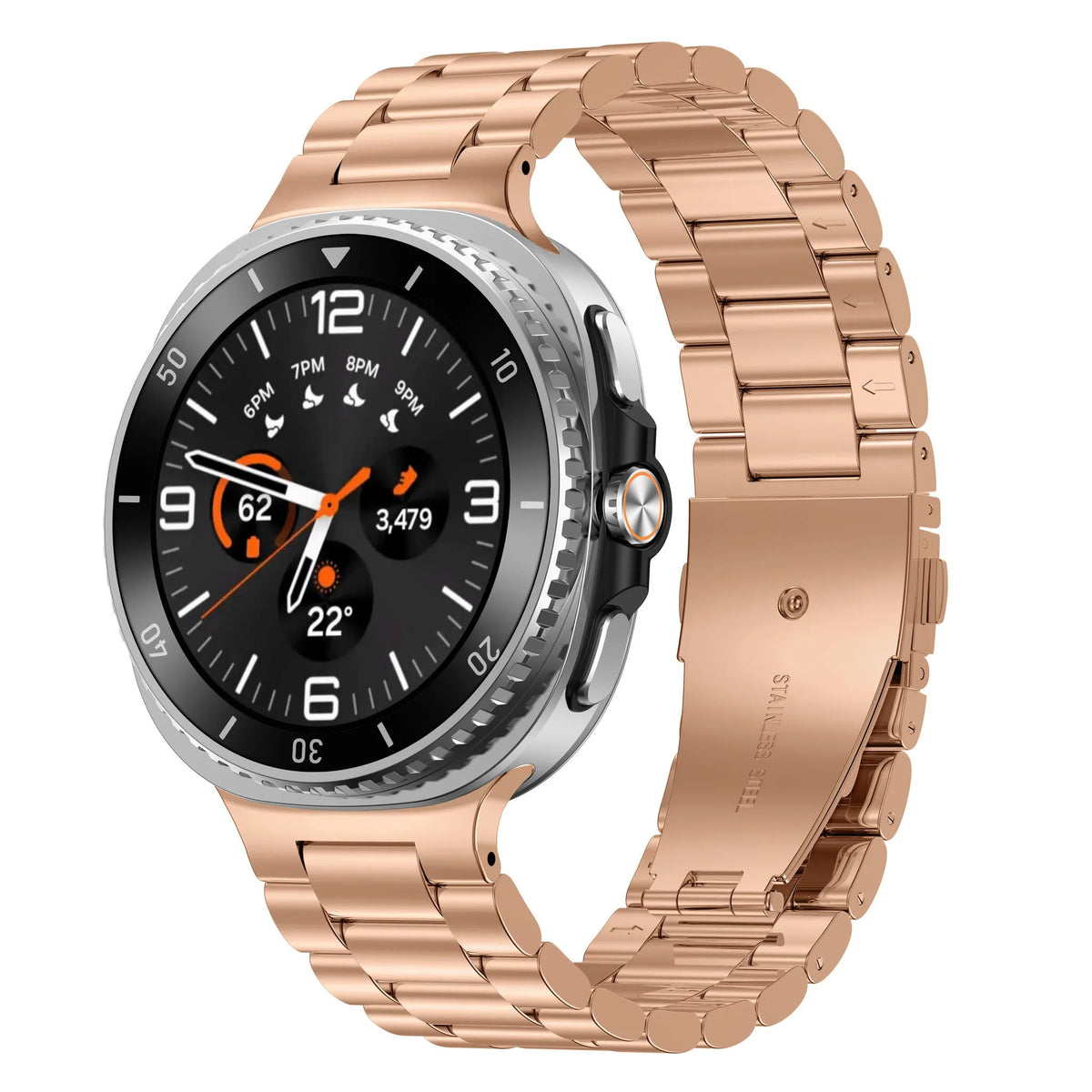 Steel Strap, rose gold, on a watch, 3/4 front view