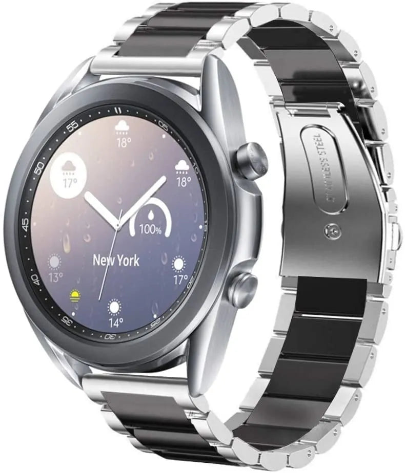Steel Strap, silver/black, on a watch, 3/4 front view