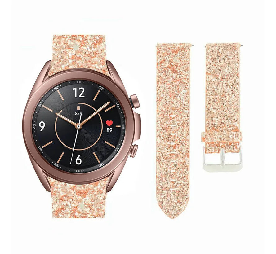 Leather Strap with Glitters, rose gold, on a watch, 3/4 front view