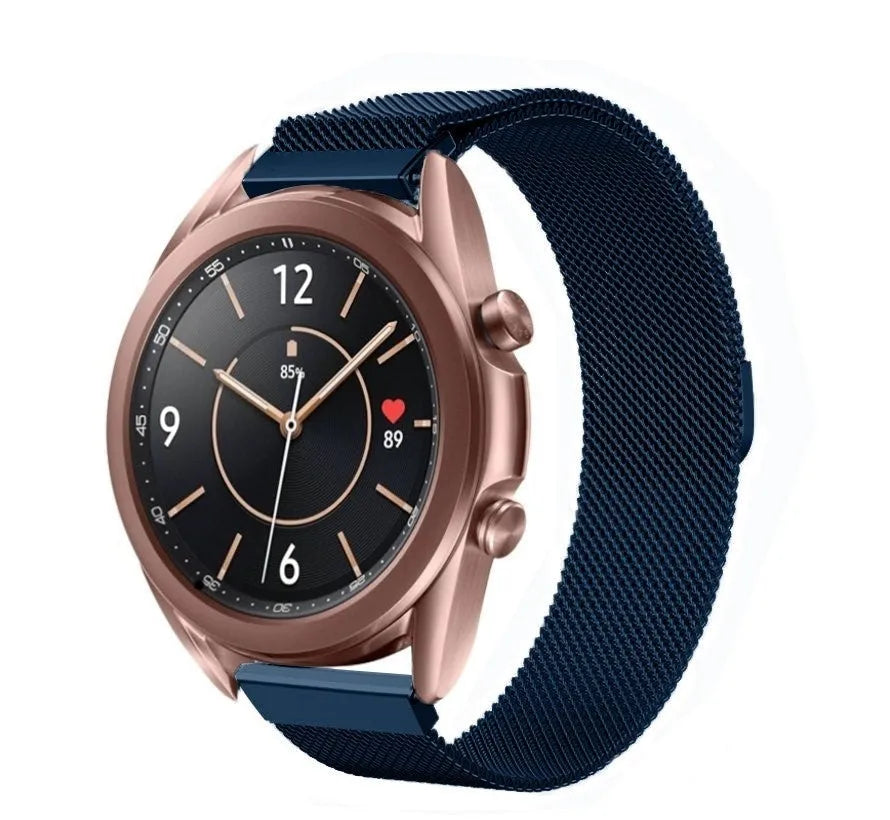 Milanese Strap, blue, on a watch, 3/4 front view