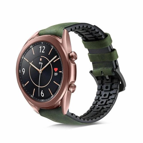 Leather Hybrid Strap, green, on a watch, 3/4 front view