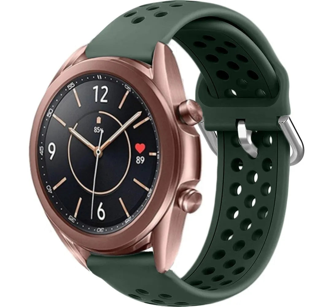 Breathable Silicone Strap, army green, on a watch, 3/4 front view