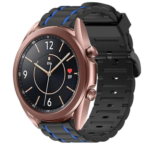 Silicone Strap 'Tough', black/blue, on a watch, 3/4 front view