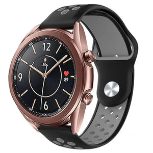 Silicone Sport Strap, black/grey, on a watch, 3/4 front view