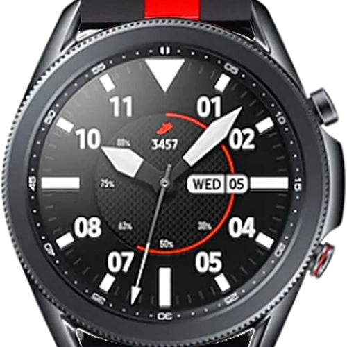 Milanese Strap, black/red, on a watch, 3/4 front view