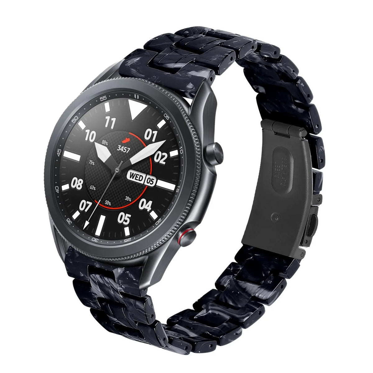 Metal Resin Strap, black/white, on a watch, 3/4 front view