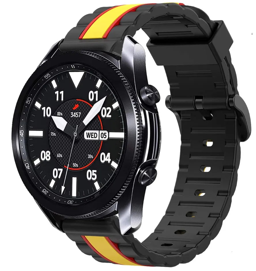 Silicone Special Edition Strap, black/yellow, on a watch, 3/4 front view