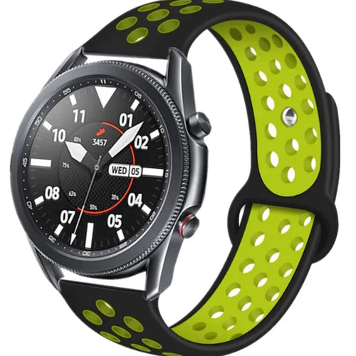 Silicone Sport Strap, black/yellow, on a watch, 3/4 front view